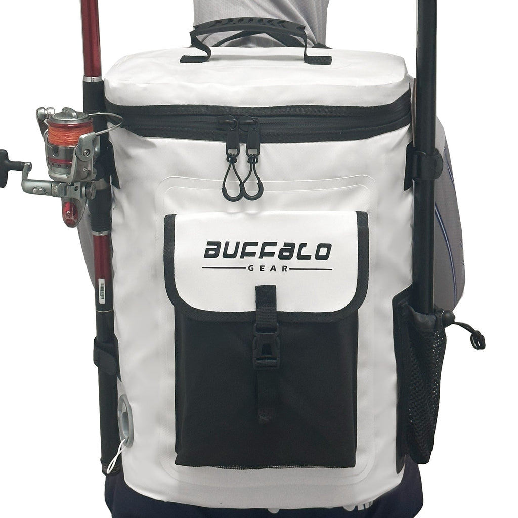 White cooler bag with black accents and 'Buffalo Gear' logo, attached to a fishing rod holder.